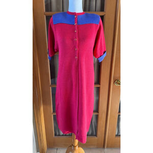 St. John Marie Gray Vintage Sweater Dress 80s Block Pink Purple Button Down Sz M